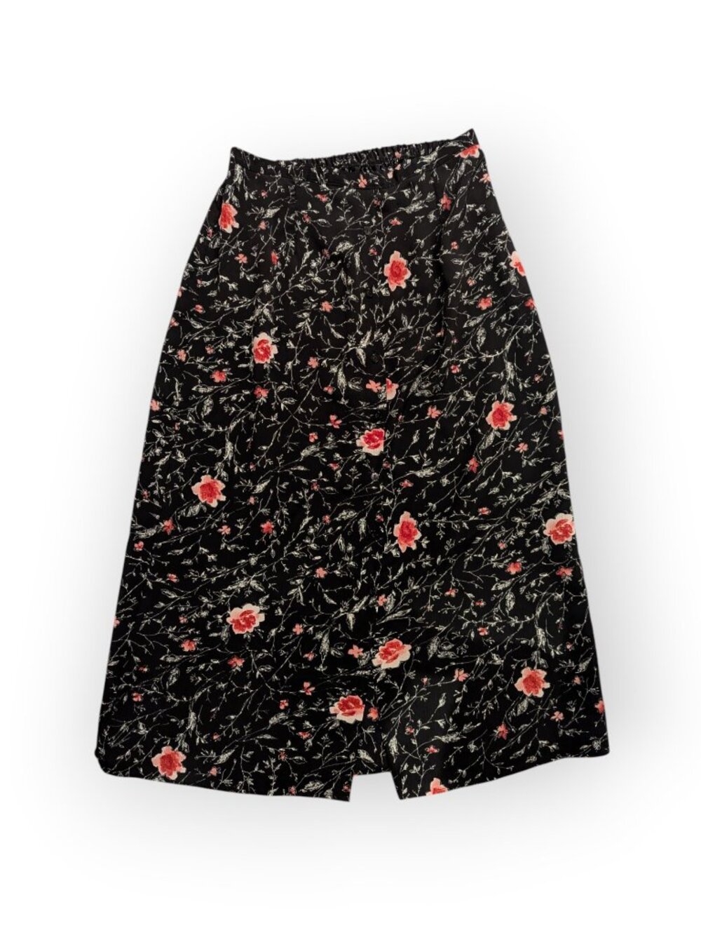 Vintage Carroll Reed Black Floral Button Front Midi Skirt L Made in Canada